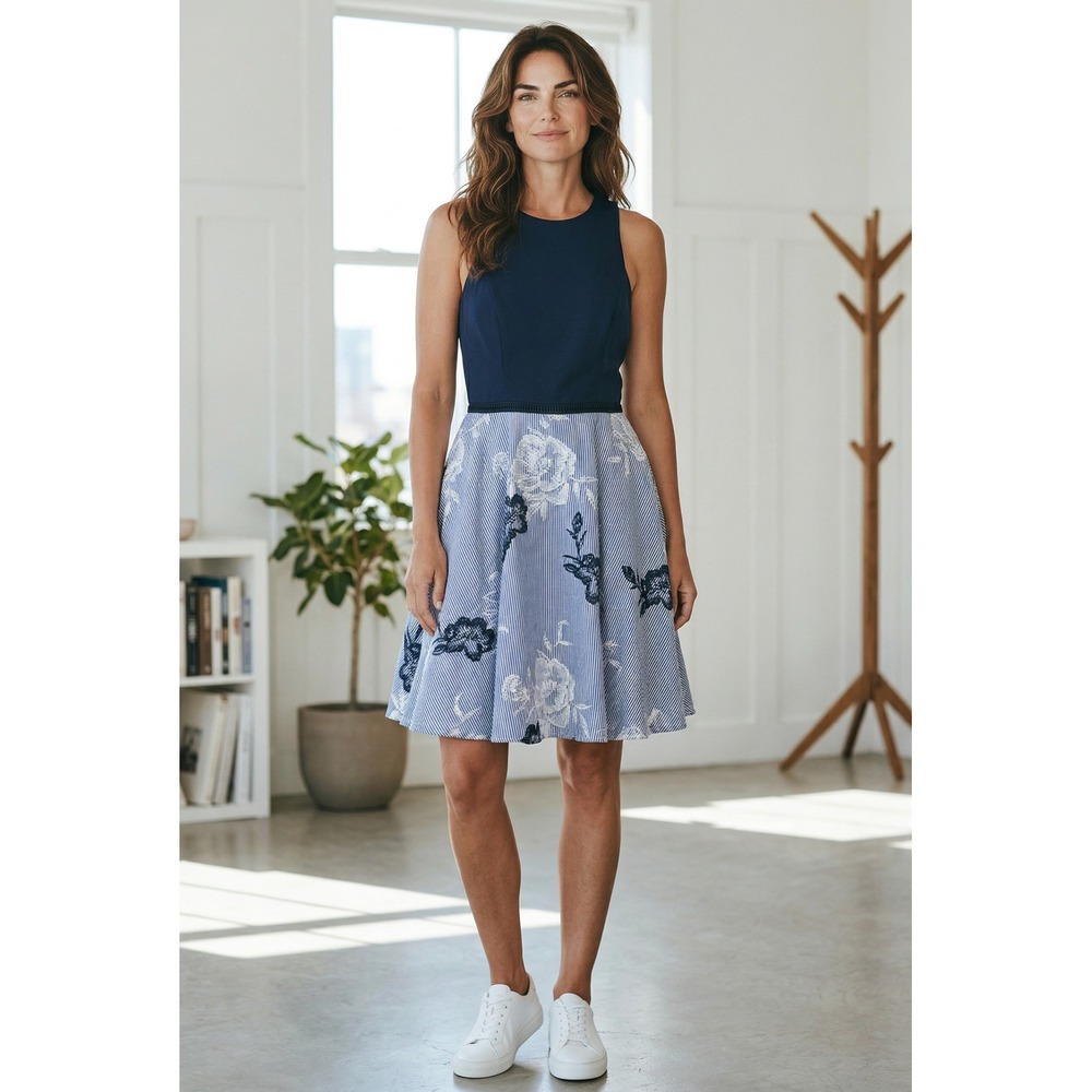 Jodi Kristopher Navy Blue Striped Floral Fit Flare Sleeveless Cutout Size 3